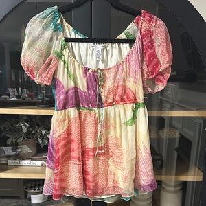 Diane Von Furstenberg Pink and Green Puff Sleeve Blouse - silk